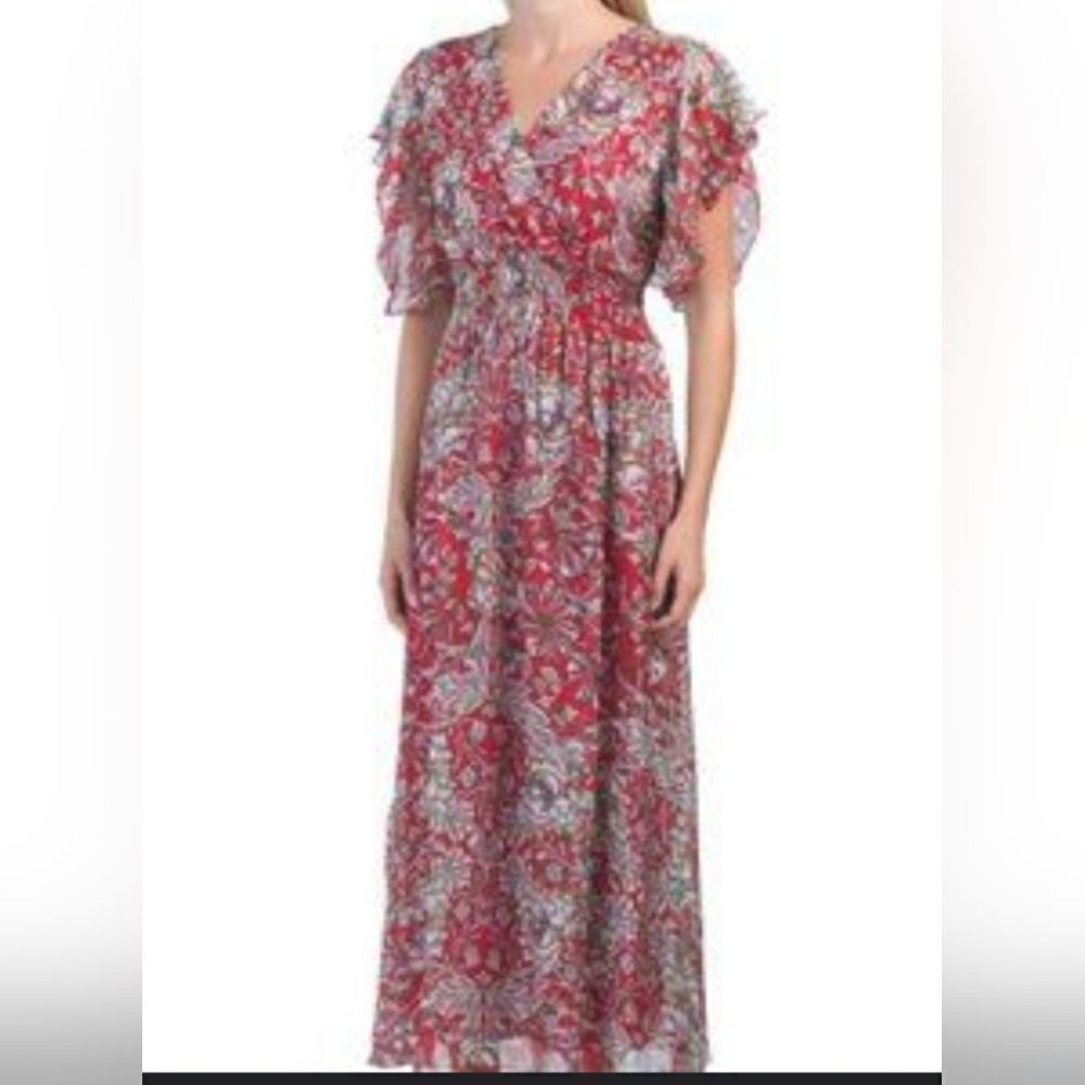 Le Ragazze Women’s Small Red Floral Italian Luxe Maxi A Line Summer Dress